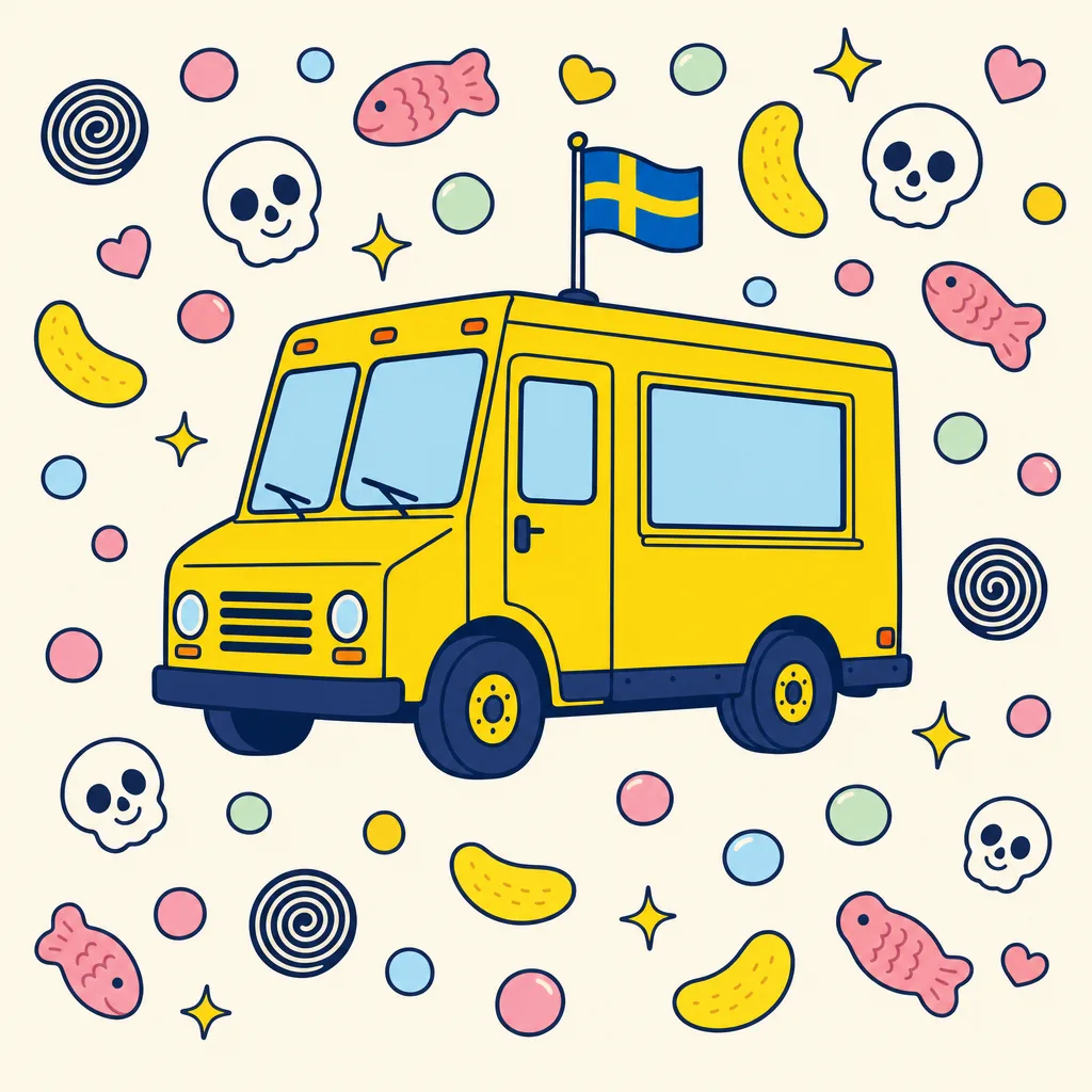 TheSweetsTruck, yellow Swedish candy delivery truck surrounded by colorful godis (BUBS skulls and gummies)